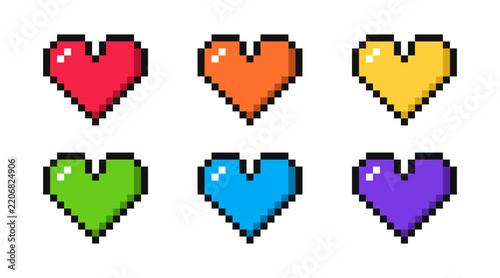 Set of six pixel art hearts in rainbow colors. Symbols of the LGBT community, romantic relationships, and love. Colorful game icons perfect for UI design, pixel games, and pride stickers.