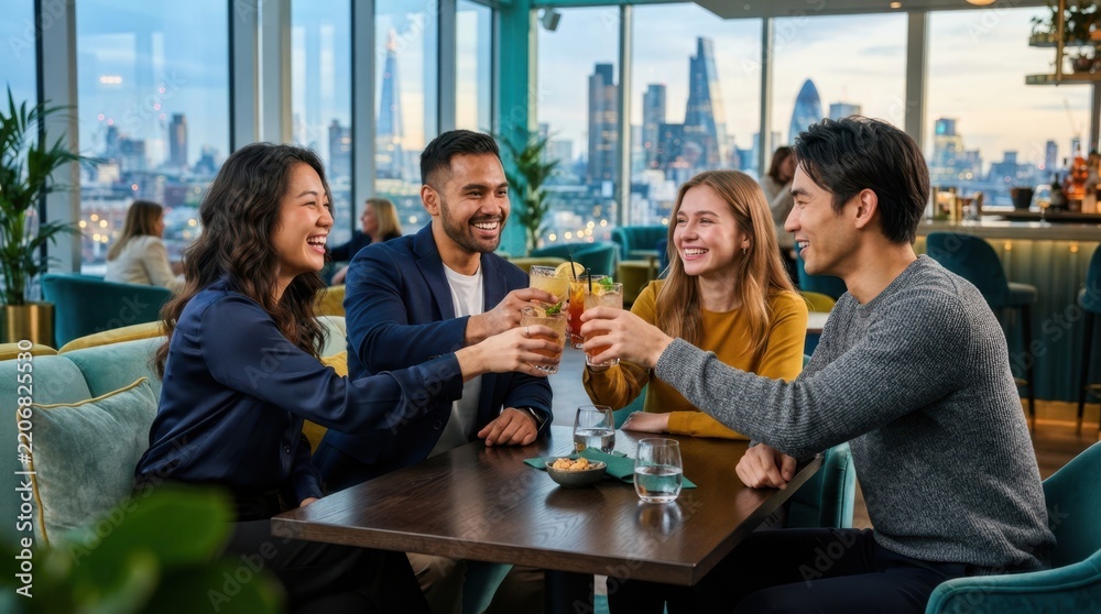 Obraz premium Cityscape Cheers: A group of friends enjoys a toast with colorful cocktails at a stylish rooftop bar, overlooking a breathtaking cityscape at dusk. The atmosphere is convivial and celebratory.