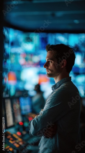 A focused man stands in a dark control room observing glowing digital screens and data displays