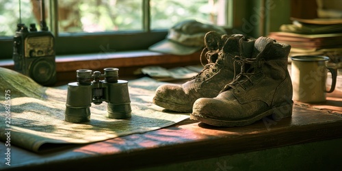 Vintage binoculars and worn leather hiking boots resting on a topographic map by a sunny window