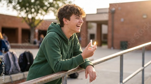 Clear aligner teen boy laughing with friends after class while wearing treatment
