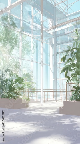 Bright and airy modern greenhouse interior with lush green plants and large glass windows