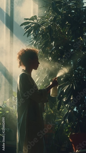 Woman misting a large indoor plant with a spray bottle in a sunlit greenhouse environment