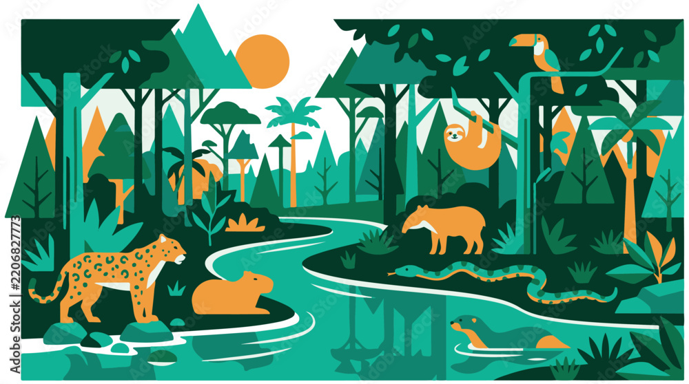 Fototapeta premium Tropical rainforest wildlife vector illustration with jaguar capybara sloth toucan and tapir by jungle river