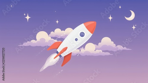 Obraz na plátně A cartoon rocket ship flying through the night sky with clouds with vector illus