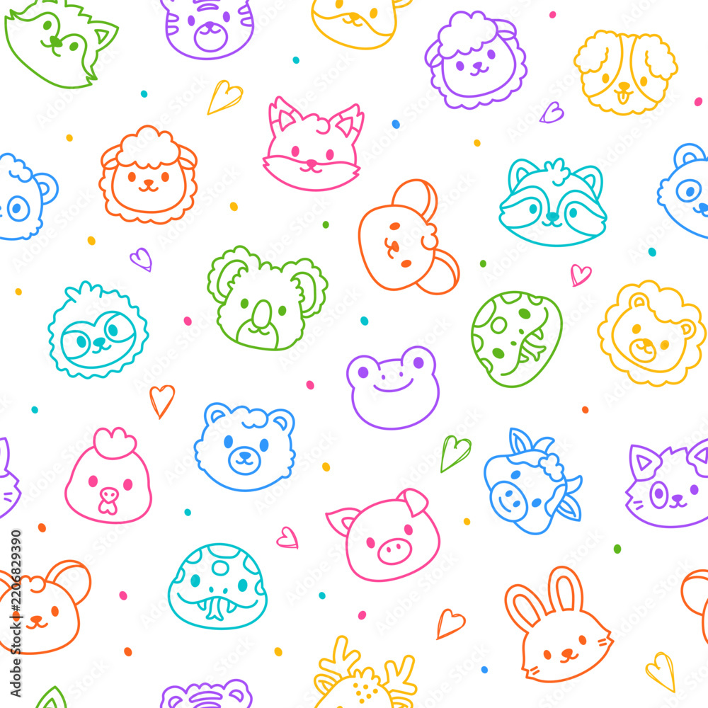 Obraz premium Animal face seamless pattern set featuring cat fox tiger sheep dog bear heart raccoon mouse koala sloth snake lion chicken