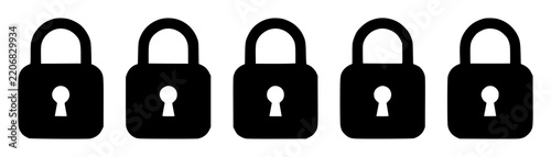 Five padlocks in horizontal row set with simple line art design featuring sketches, drawings, vector graphics with minimalist and simple illustrations