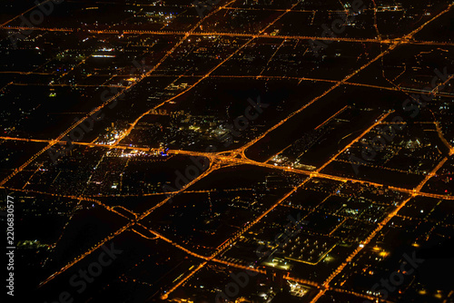 Photography Night view Airplane Window of Shanghai, China Aerial Cityscape Above the Clouds