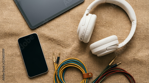 High-angle shot of technology accessories for multimedia production, content creation, and social media.