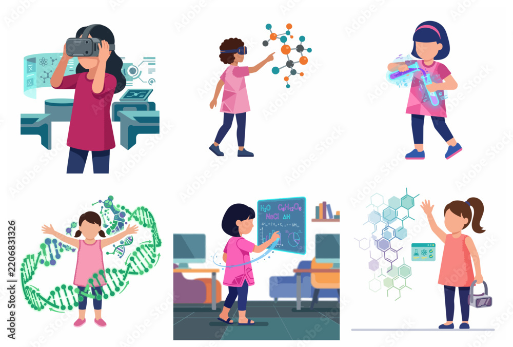 Fototapeta premium Little girls exploring science and STEM education using virtual reality headsets and digital technology, vector illustration set
