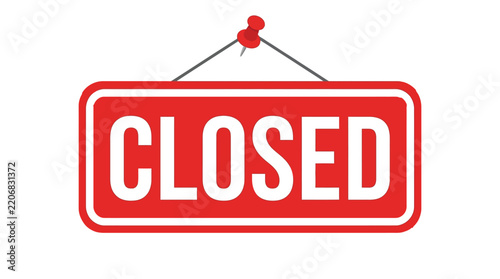 Bright red closed hanging sign illustration with bold white typography against plain white background