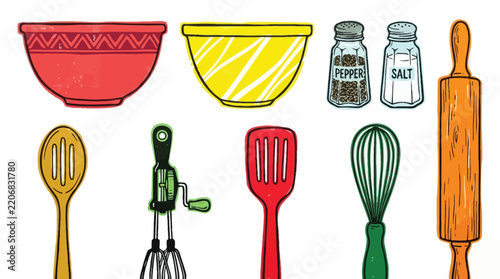 Colorful vector illustration of kitchen utensils and baking tools arranged on white background