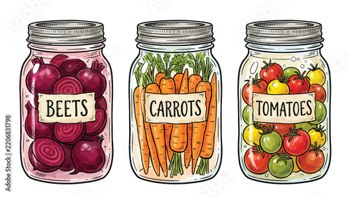 Glass jars filled with pickled beets carrots and tomatoes displayed in vector illustration style