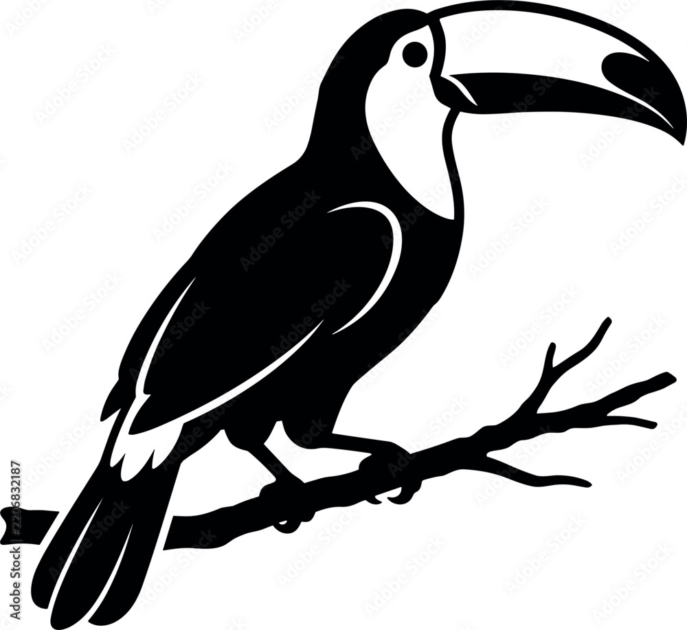 Obraz premium Toucan Silhouette Vector Icon Featuring Exotic Tropical Bird Perched on Tree Branch for Jungle Wildlife Nature Reserve and Summer Travel Designs