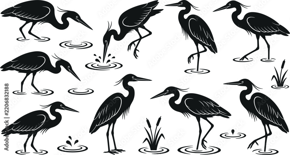 Obraz premium Heron Silhouette Vector Icon Set Featuring Wading Birds Hunting Fish in Water with Reeds and Ripples for Wetland Nature Conservation Designs