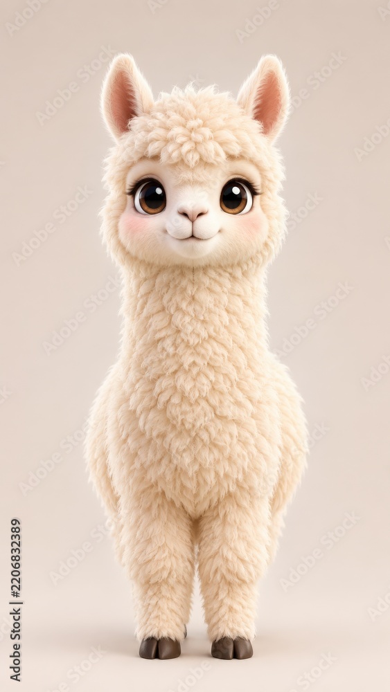 Fototapeta premium Cute 3D Alpacamascot Character Design with Big Brown Eyes, Fluffy Fleece, Standing Pose, and Soft Beige Background Ideal for Children Stories, Toys, and Digital Illustration Branding Projects