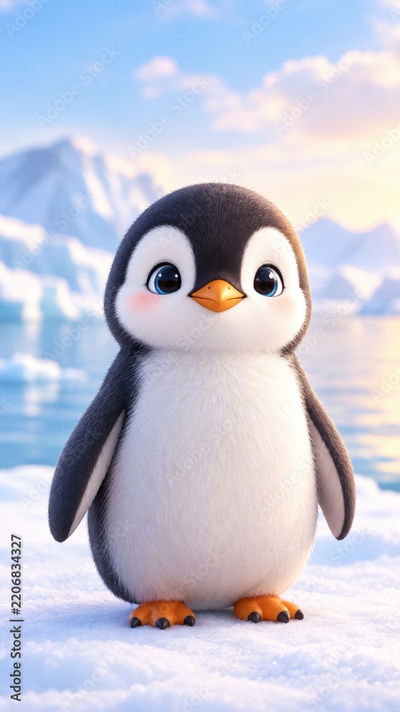 Fototapeta premium Cute 3D Rendered Baby Penguin Standing On Snowy Arctic Ice With Blue Eyes And Orange Beak In A Sunny Winter Landscape With Icebergs And Mountains In The Background