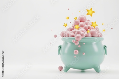 Magical turquoise cauldron overflowing with shiny pink bubbles and glowing stars 3D render