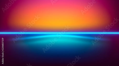 Horizon Glow: An abstract, vibrant gradient of warm orange and pink hues meets a striking cyan blue line, creating a luminous, atmospheric horizon.