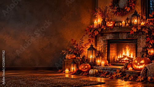 Cozy autumn fireplace with carved pumpkins, glowing candles, lanterns and fall foliage creating warm Halloween ambiance