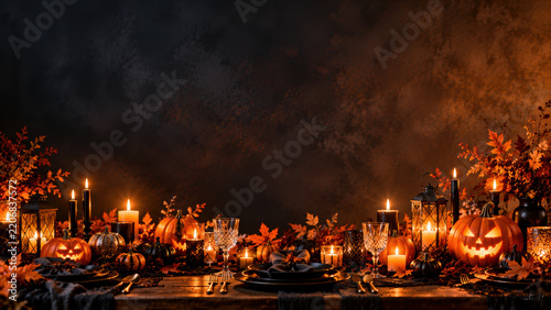 Autumnal Halloween table setting with carved pumpkins, candles and fall leaves creating cozy moody ambiance