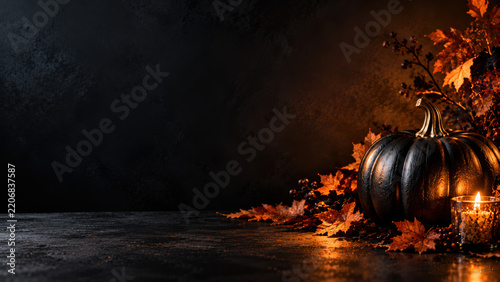 Black pumpkin with autumn leaves and candlelight creates moody Halloween still life scene filled with warm glow and cozy atmosphere