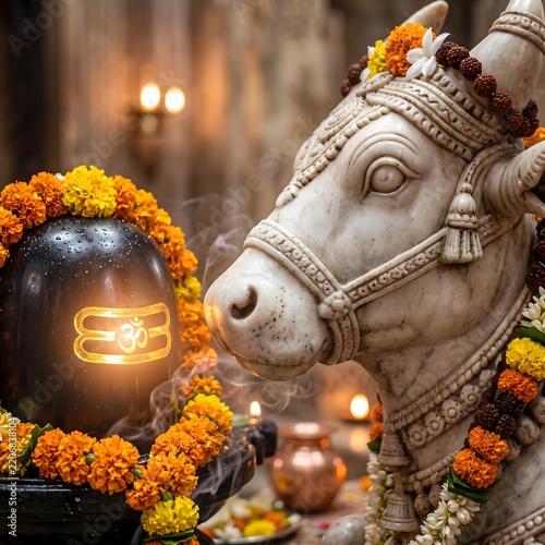 Marble nandi bull statue adorned with marigold flower garlands beside a glowing shiva lingam
