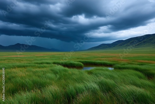Wide green marshland with stormy clouds over distant hills for dramatic landscape background and nature banner design