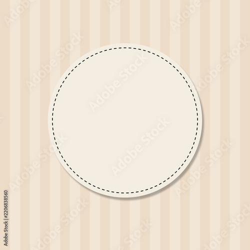 Round sticker badge with dashed border vector illustration set against beige vertical striped retro wallpaper background pattern