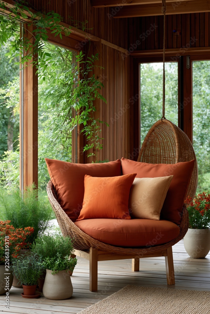 Obraz premium Hanging round rattan chair with orange pillows in wood framed porch for serene indoor outdoor corner and boho cozy seating design
