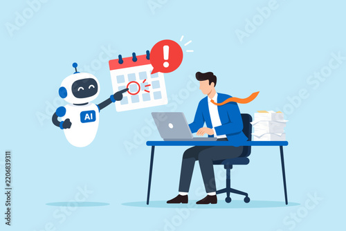 Flat illustration AI assistant reminding businessman work deadline task management time schedule