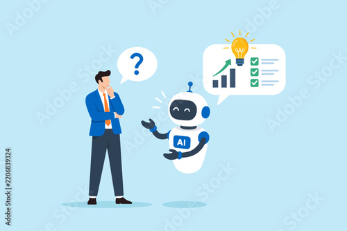 Flat illustration businessman ask AI assistant business solution problem solving decision support strategy