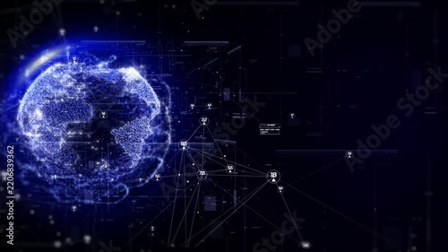 Digital Earth Global Data Network Connection Rotating on Left Side of Blue Space Background. Futuristic World Map Sphere with Lens Flare and Polygon Lines for Tech Background.