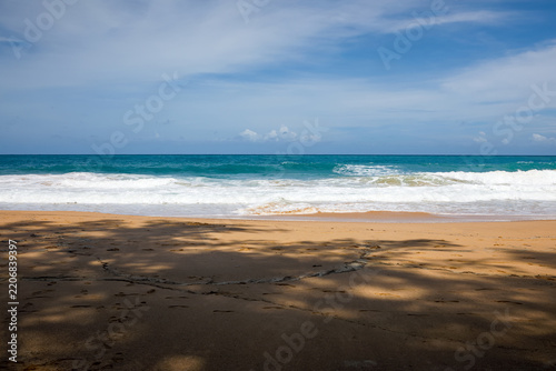 Tropical paradise beach with golden sand and turquoise ocean waves under blue sky, summer holiday background