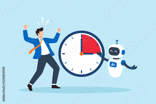 Flat illustration businessman saving time AI assistant automation work efficiency productivity management