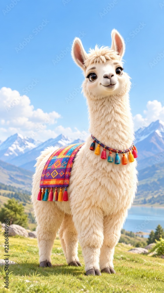 Fototapeta premium Adorable Fluffy White Alpaca Wearing Colorful Tassel Collar And Decorative Blanket Standing On Green Grass With Majestic Mountain Lake And Blue Sky Background In Stunning 3D Render