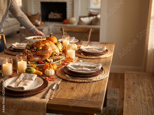 Rustic Thanksgiving dinner table setting, roasted turkey feast with candles, autumn harvest holiday meal context