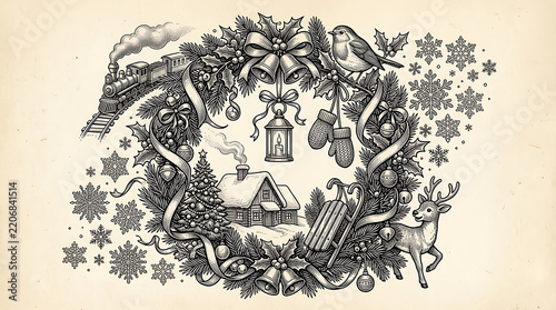 Vintage Christmas Wreath Illustration with Winter Scene and Festive Elements