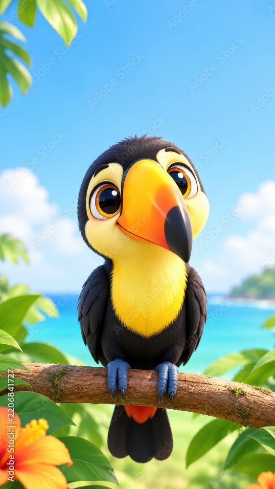 Fototapeta premium Cute 3D Cartoon Toucan Bird Perched On A Branch In A Tropical Paradise With Vibrant Lush Green Foliage And A Beautiful Blue Sky And Ocean Background For Kids And Nature Illustration