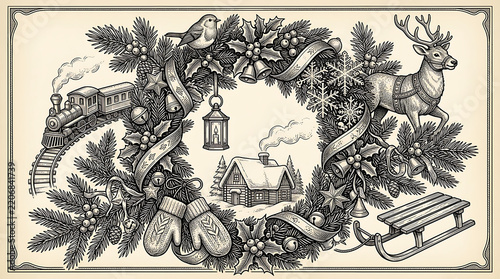 Festive Christmas Wreath with Winter Village Scene and Holiday Elements