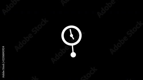 Minimalist white pendulum clock icon graphic design on a solid black background.