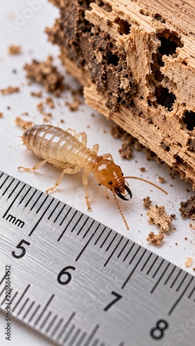 A worker termite crawls on a white surface next to a metal ruler measuring the extent of damage to a piece of decaying wood. This macro shot highlights the pest and the destruction of timber.