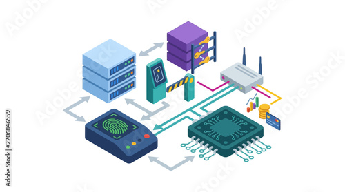 Isometric Computer Hardware With Server And Circuit Board