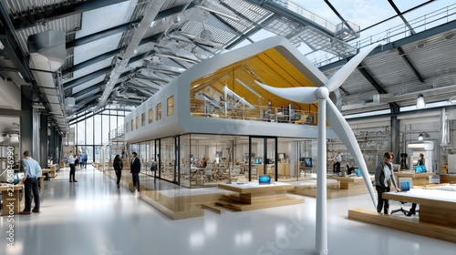 Sustainable Innovation Hub: A futuristic and eco-friendly workspace designed for innovation, featuring a central, modern structure with glass walls, bathed in natural light.