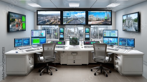 Control Room Command Center: A sophisticated control room, filled with multiple monitors displaying data and live feeds, serves as the central hub for operations and surveillance.
