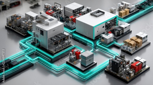 Networked Industrial Modules: A conceptual digital illustration showcasing interconnected industrial modules and machinery, linked by glowing teal conduits.