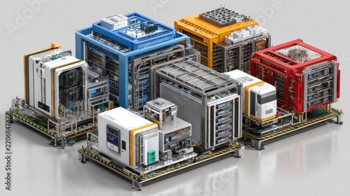Modular Technology Units: A collection of diverse, interconnected modular technology units, each distinct in color and design, showcasing advanced engineering and futuristic potential.