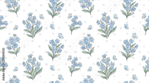 Watercolor Forget-Me-Nots and Butterflies Pattern: Delicate watercolor illustration of light blue forget-me-not flowers with green stems.