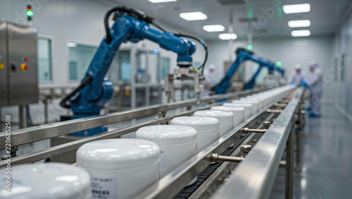 Industrial robotic arms operating along an automated production line