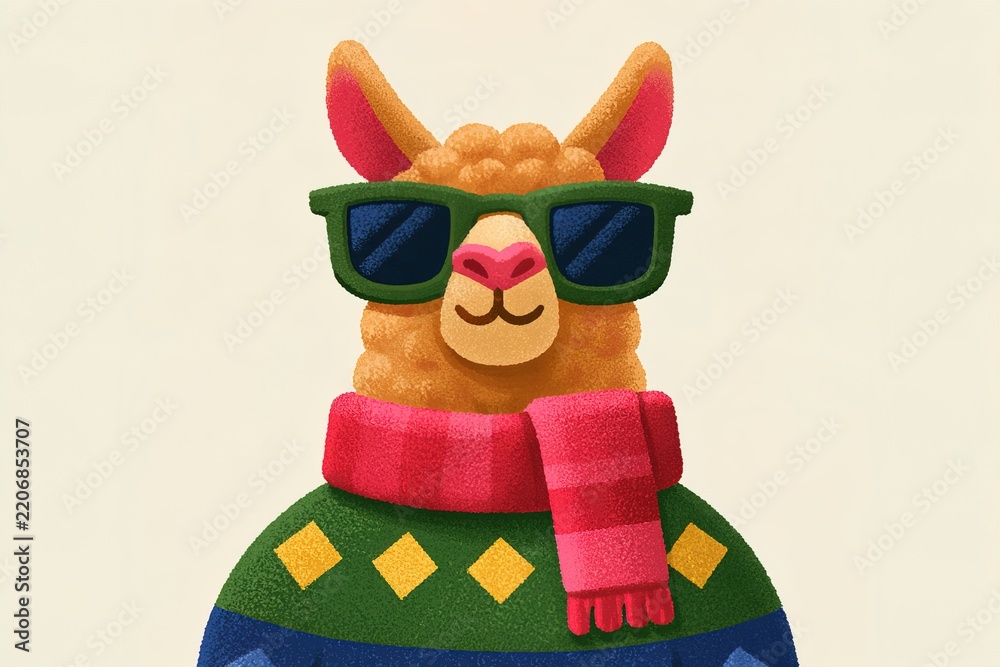 Obraz premium Llama wearing sunglasses and scarf in colorful sweater